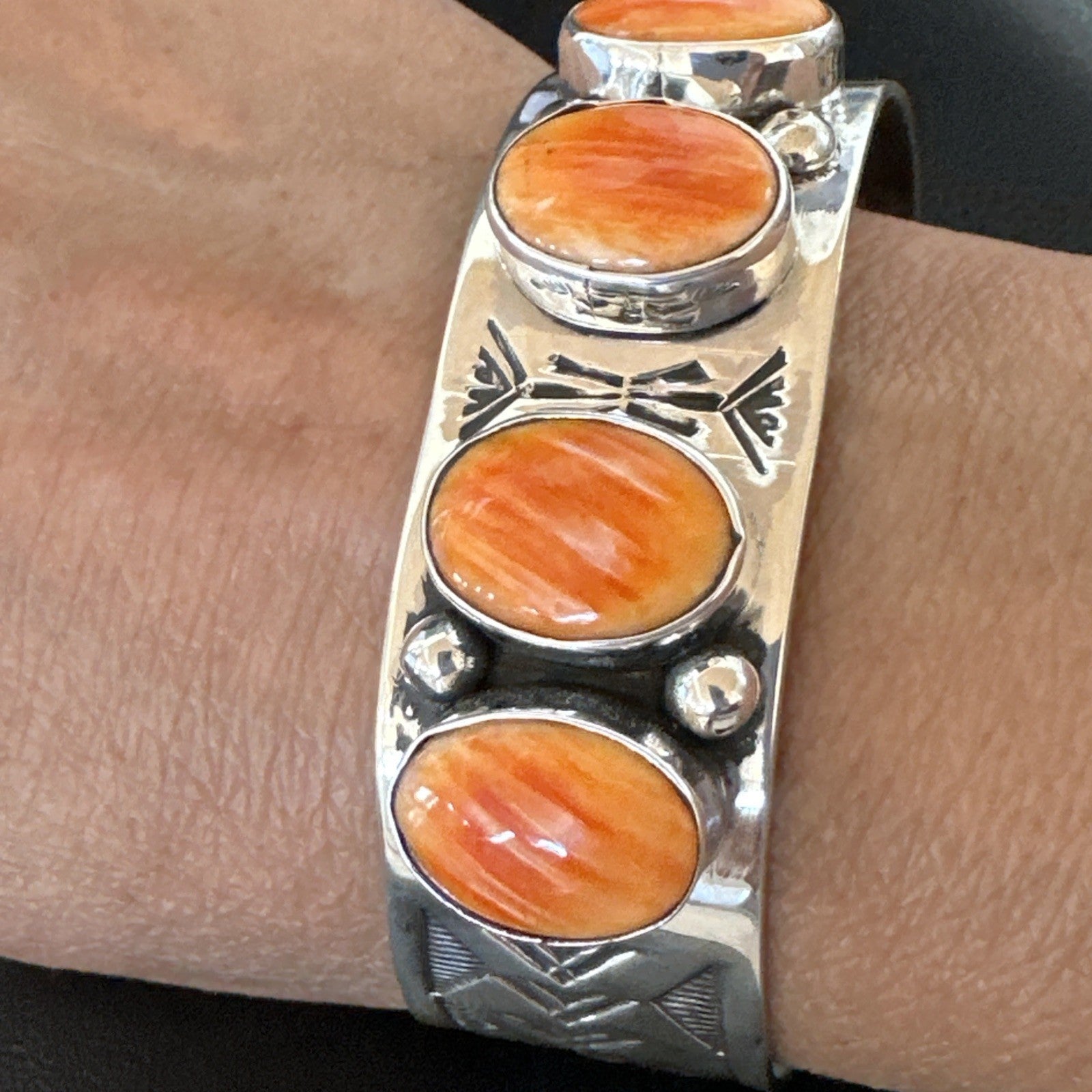 Orange Spiny Oyster 4 Stone Row Sterling Silver Navajo Cuff Bracelet 7.7" 19476