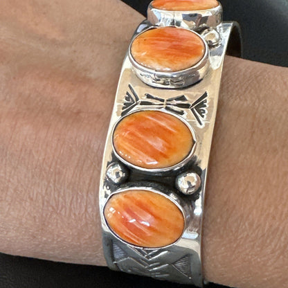 Orange Spiny Oyster 4 Stone Row Sterling Silver Navajo Cuff Bracelet 7.7" 19476