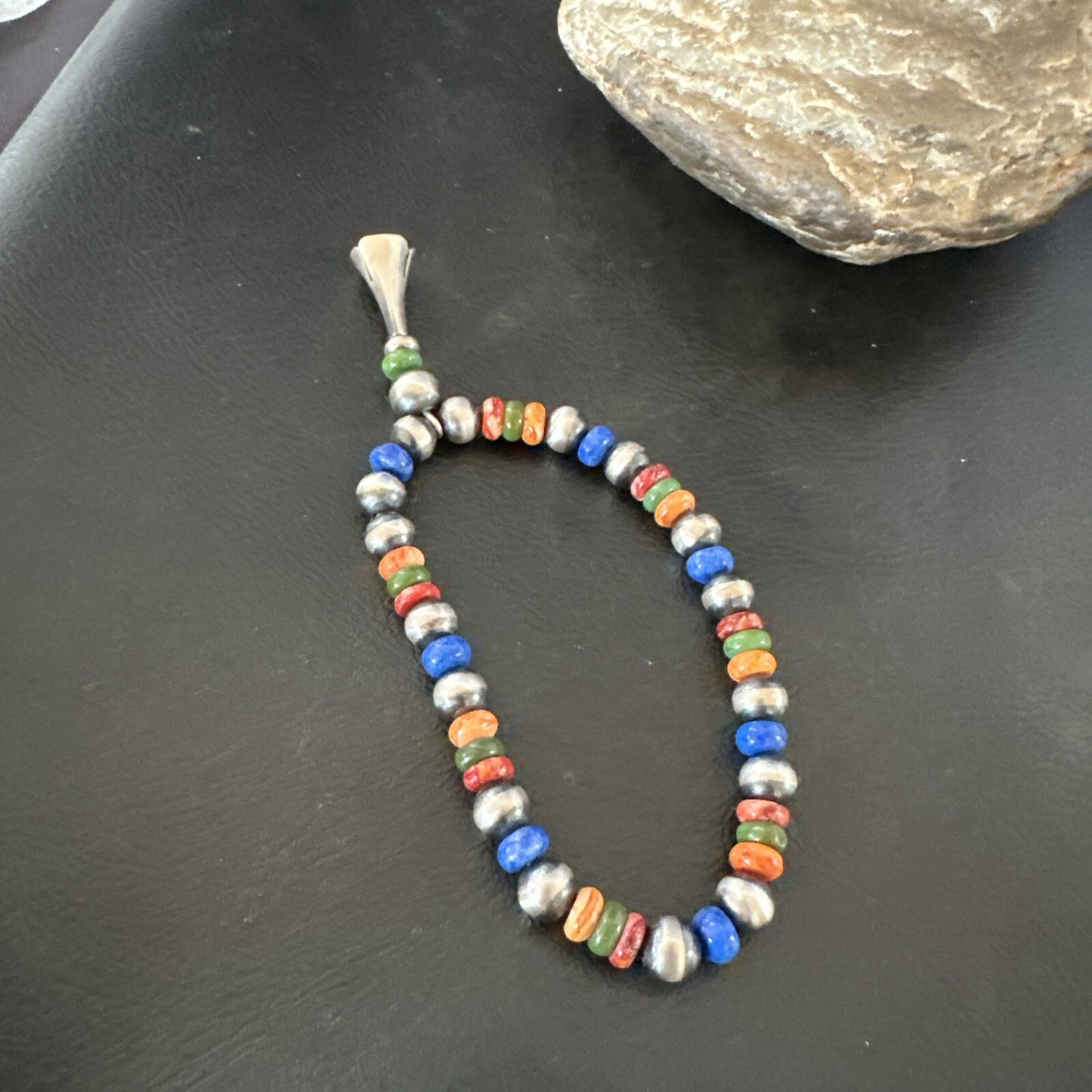 Multicolor Lapis Turquoise Stretch Bead Bracelet Navajo Sterling Silver 17908