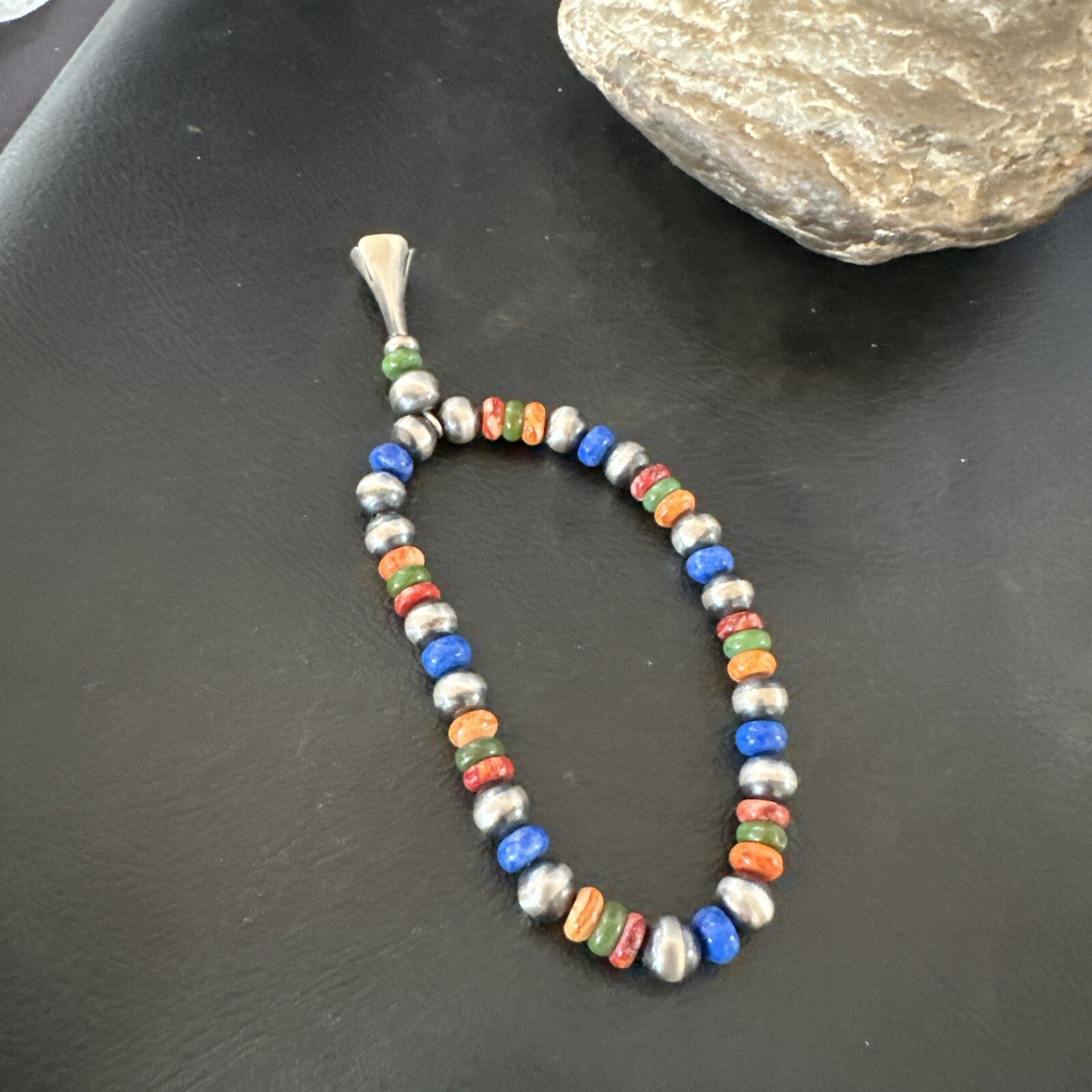 Multicolor Lapis Turquoise Stretch Bead Bracelet Navajo Sterling Silver 17908
