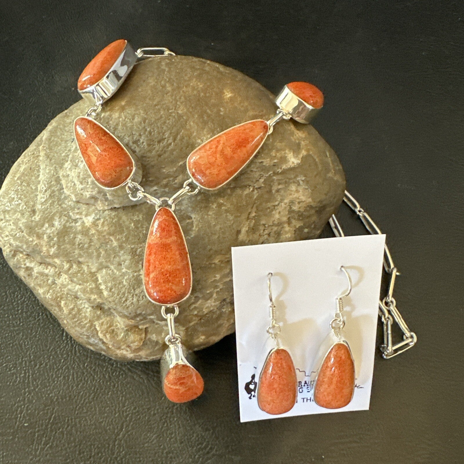 Apple Sponge Coral Lariat Necklace Pendant Earrings Sterling Silver 16” 18973