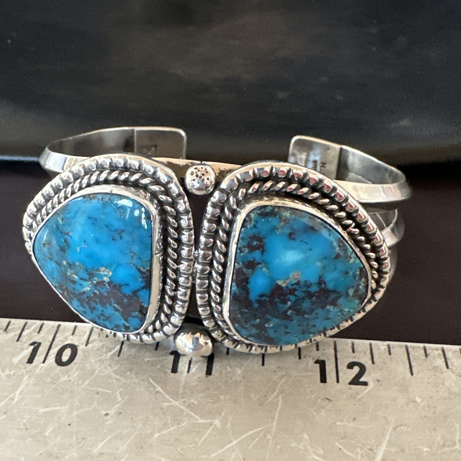 Navajo Blue TURQUOISE Stamped 2 Stone Sterling Silver Cuff Bracelet 8.25" 18717
