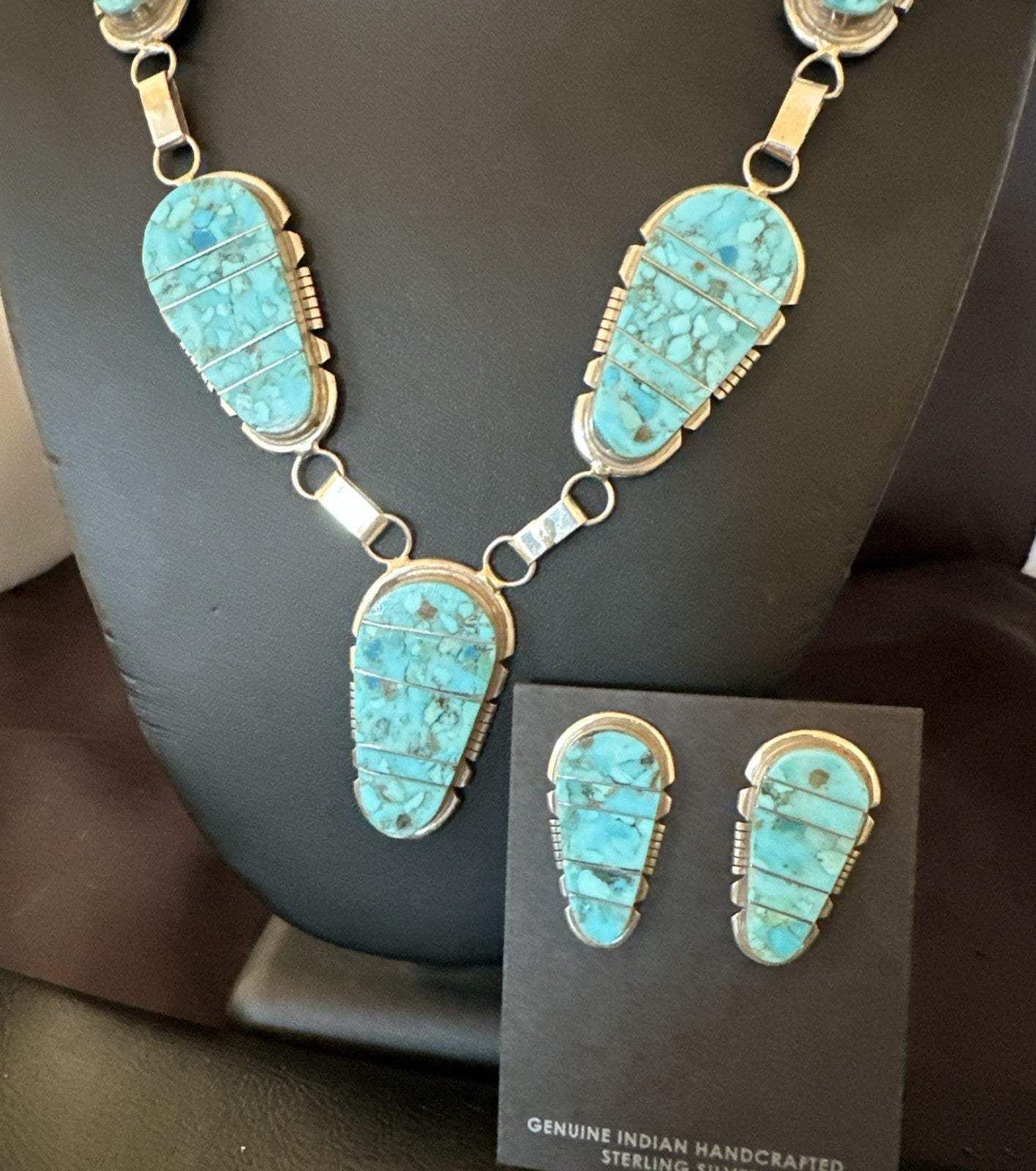 Inlay Kingman Turquoise Sterling Silver Lariat Necklace Pendant Earrings 19075