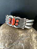 Men's Women's Red Coral Navajo Cluster Cuff Bracelet 7" | Sterling Silver | Authentic Native American Handmade | 19697
