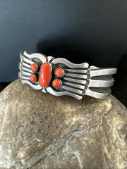 Men's Women's Red Coral Navajo Cluster Cuff Bracelet 7" | Sterling Silver | Authentic Native American Handmade | 19697
