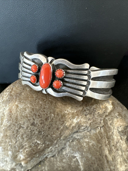 Mens Womens Red Coral Navajo Sterling Silver Cluster Cuff Bracelet 7" 19697
