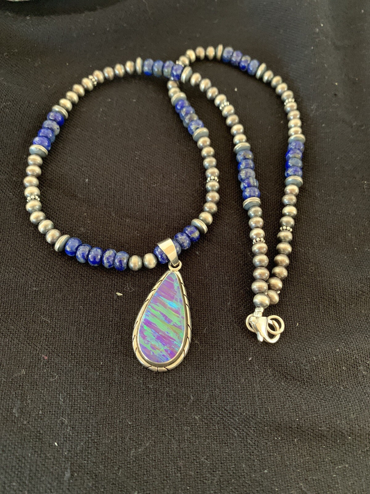 Native Navajo Sterling Silver Purple Opal Lapis Necklace Pendant 00591