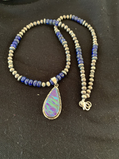 Native Navajo Sterling Silver Purple Opal Lapis Necklace Pendant 00591