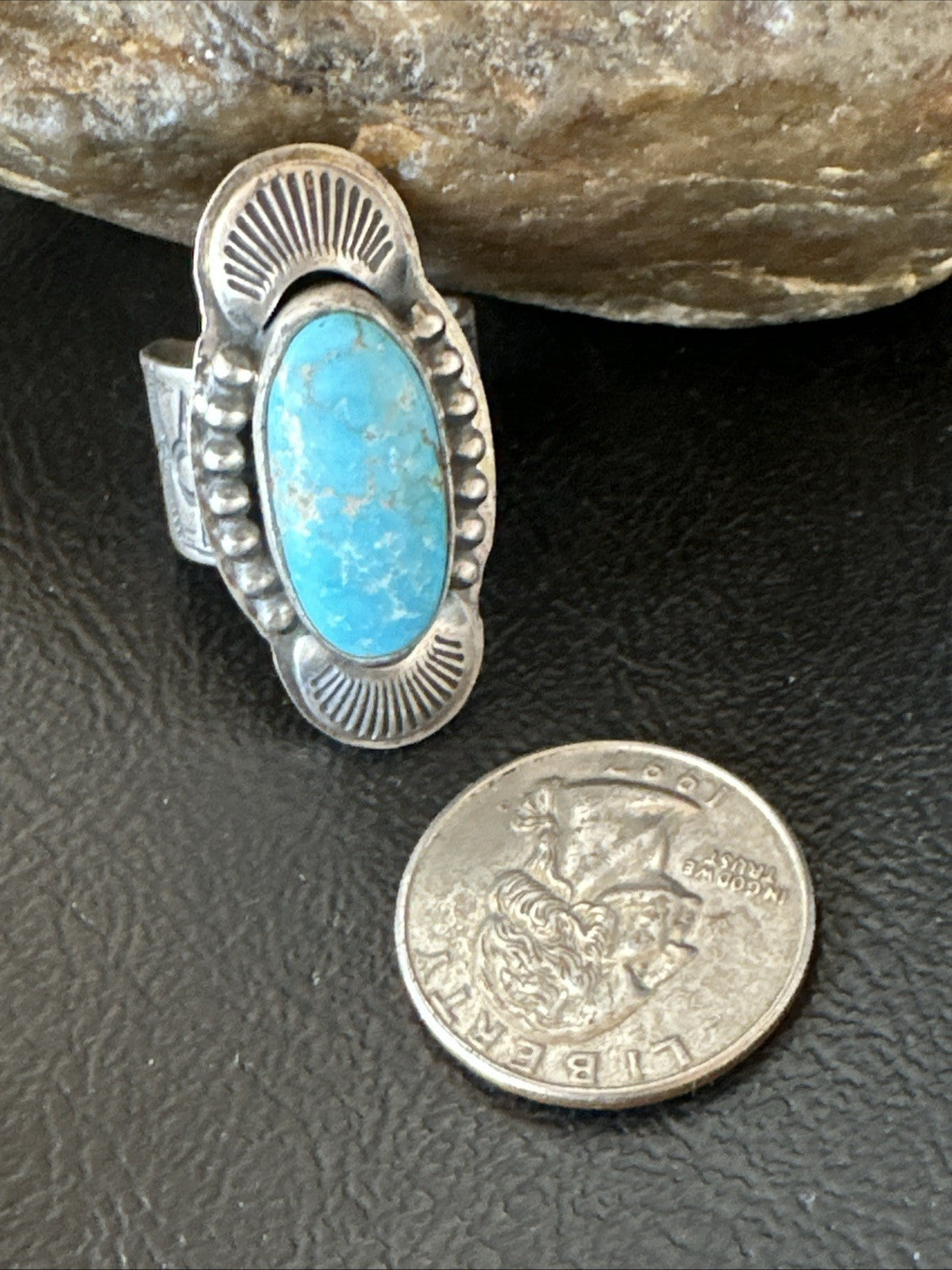 WoMens Blue Kingman Turquoise Navajo Sterling Silver Adjustable Ring Sz 8 19421