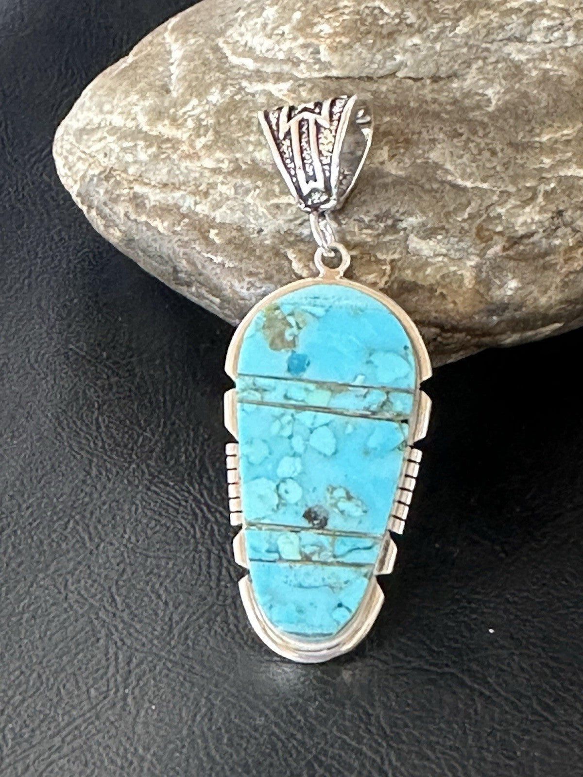 Navajo B E Inlay 925 Sterling Silver Turquoise Pendant Cobblestone 2.5" 19398