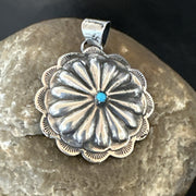 Navajo Native American Turquoise Pendant  Stamped Sterling Silver 1” 19687