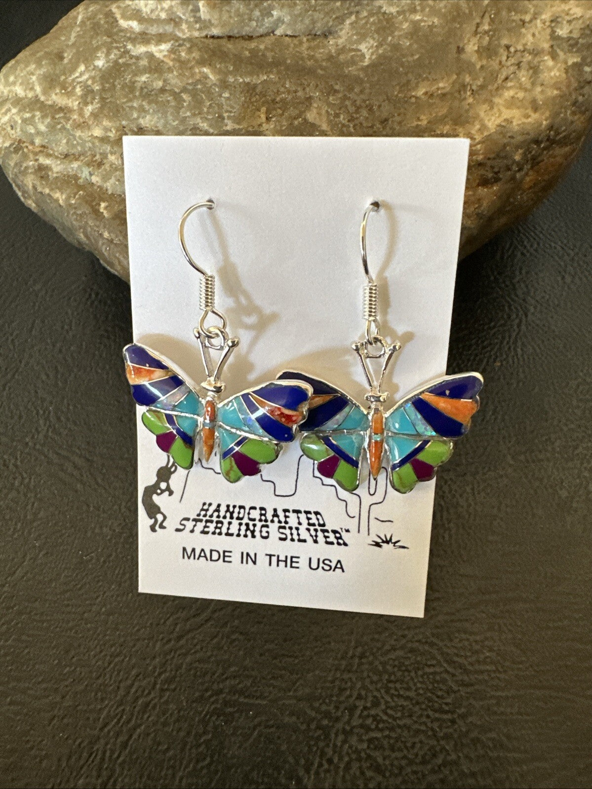 Butterfly Multicolor Spiny Lapis Opal Inlay Sterling Silver Earrings 19141
