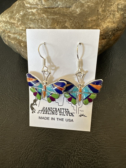 Butterfly Multicolor Spiny Lapis Opal Inlay Sterling Silver Earrings 19141