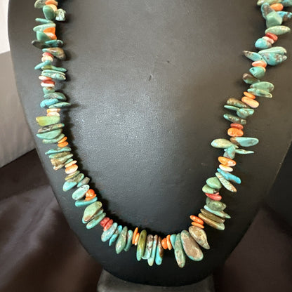 Green Turquoise Orange Spiny Oyster Nugget Sterling Silver Necklace 22” 18162