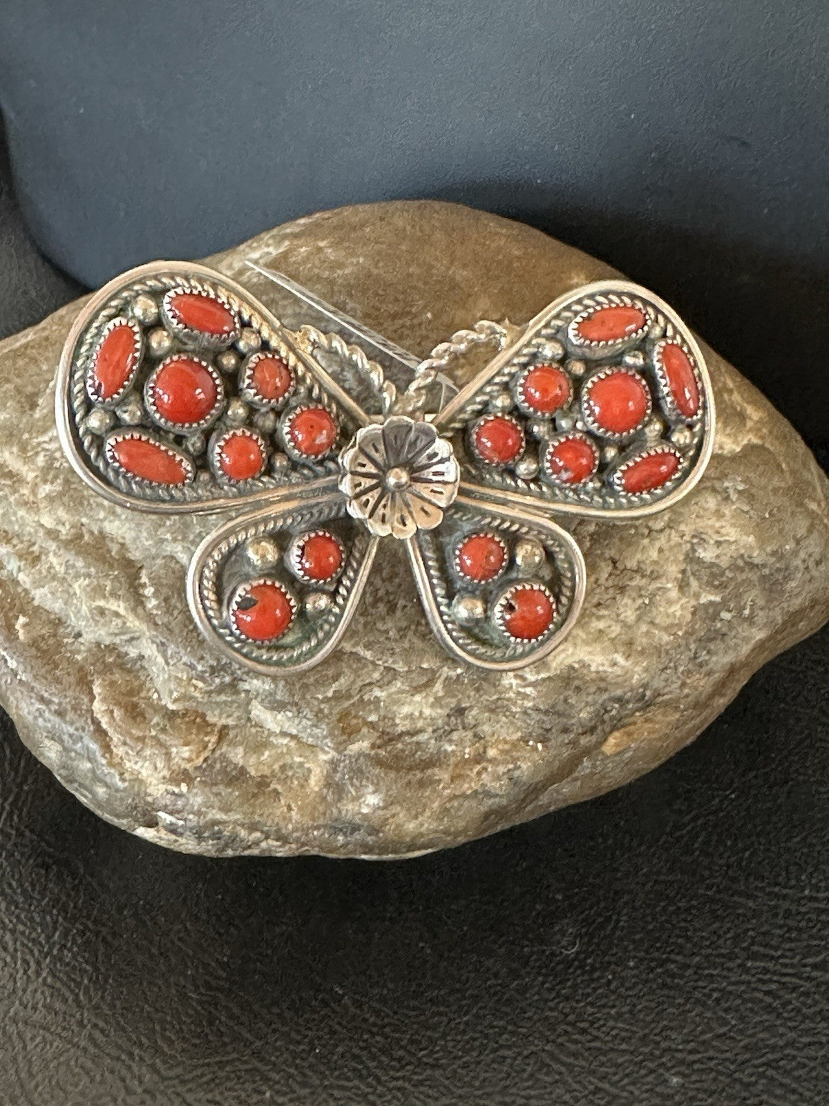 Red Coral Butterfly Sterling Silver Cluster Navajo Ring Size 8 00988
