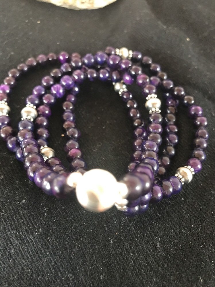 Purple Stone 4 Strands Navajo Indian Sterling Silver Bead Bracelet 10707