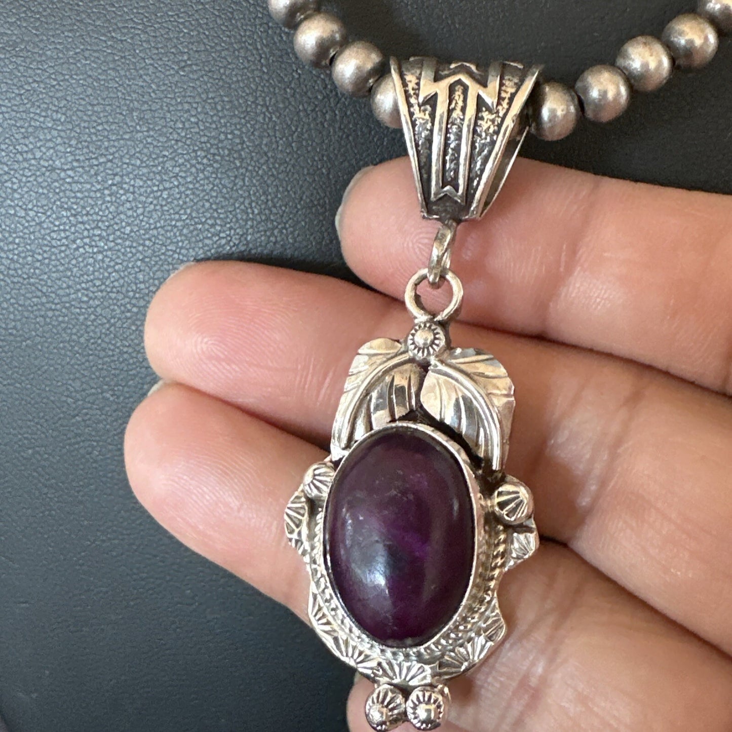 Purple Stone Pendant Navajo Pearls Sterling Silver Necklace 20” 18047