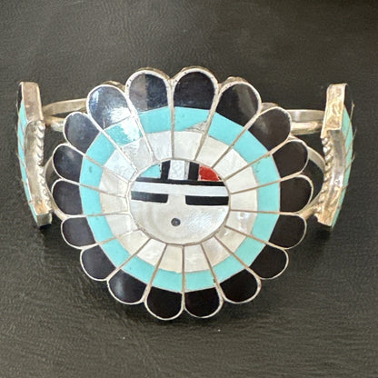 Old Pawn Sunface Turquoise Zuni Sterling Silver Onyx Bracelet 6.75” 19128