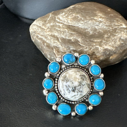 White Buffalo Kingman Turquoise Navajo Sterling Silver Cluster Ring Size 9 18396