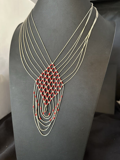 Red Coral Heishi Tubes Pendant 7 Strand Liquid Sterling Silver Necklace 19750