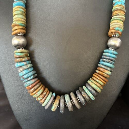 Navajo Blue Green Turquoise Bead Necklace Sterling Silver 20" 14239