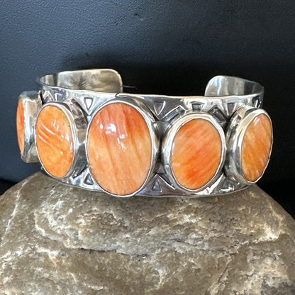 Stamped Orange Spiny Oyster Navajo Sterling Silver 5 Stone Cuff Bracelet 17941