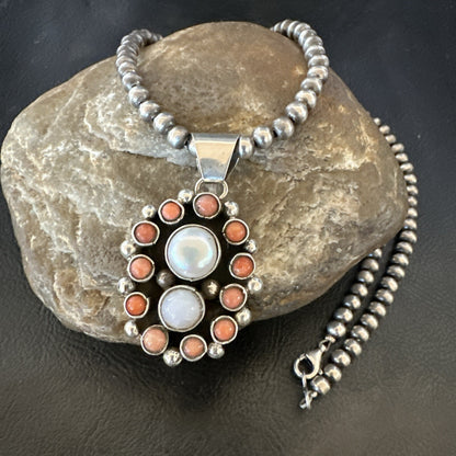 Pink Coral White Pearl Navajo Sterling Silver Cluster Pendant 1.5” 18402