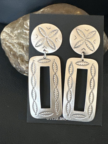 Popular Navajo Stamped Sterling Silver Stamped Handmade Earrings Set 2.75" 17858