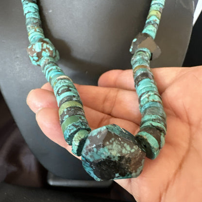 Native Turquoise Nugget Heishi Bead Navajo Sterling Silver Necklace 17745