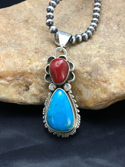 Turquoise & Coral Pendant Navajo Sterling Silver Necklace 02580
