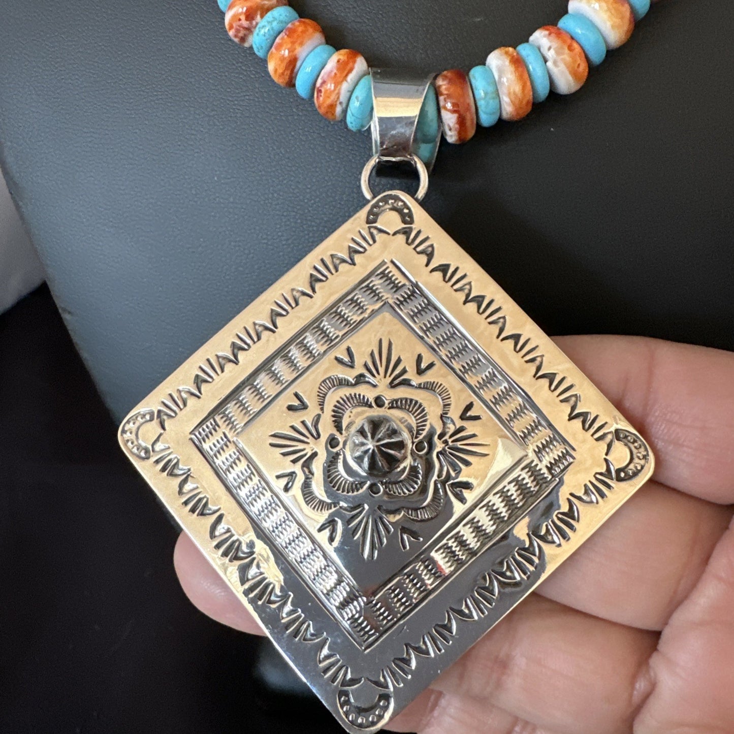 Orange Spiny Oyster Turquoise Navajo  Pendant Sterling Silver Necklace 21” 19044