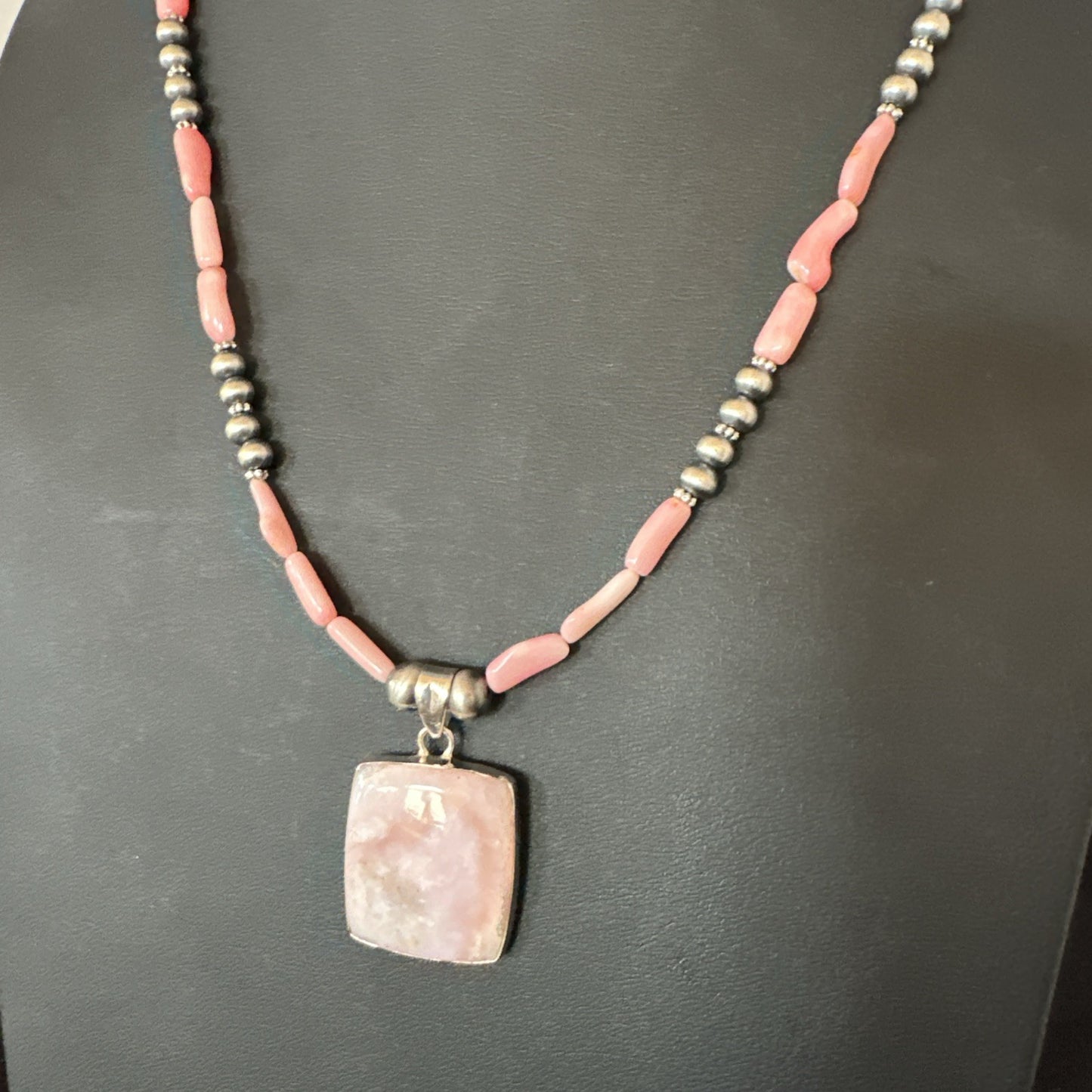 Southwestern Sterling Silver Pink Coral Bead Necklace Quartz Pendant 24" 19591