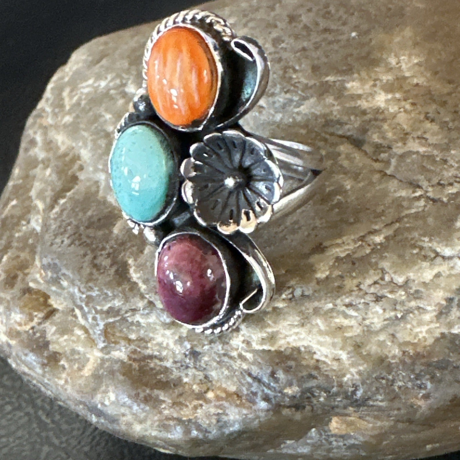 Multicolor Ring Turquoise Spiny Navajo Sterling Silver Cluster Size 7 19178