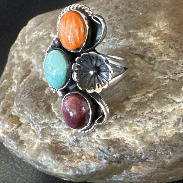 Multicolor Ring Turquoise Spiny Navajo Cluster Size 7 | Sterling Silver | Authentic Native American Handmade | 19178