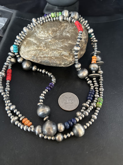 Turquoise, Coral Spiny Oyster Navajo Pearls Sterling Silver Bead Necklace 48"