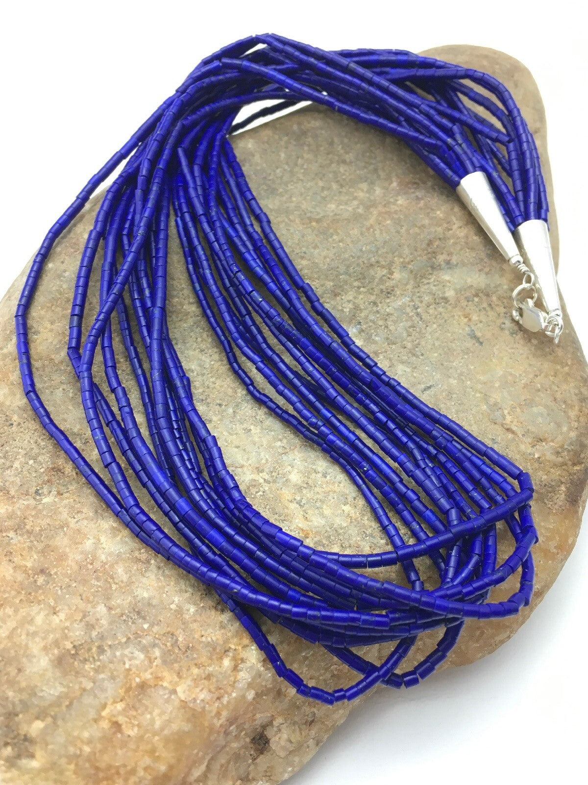 Stabilized Lapis Lazuli 10 Strand Sterling Silver Tube Heishi Necklace 26" 19714