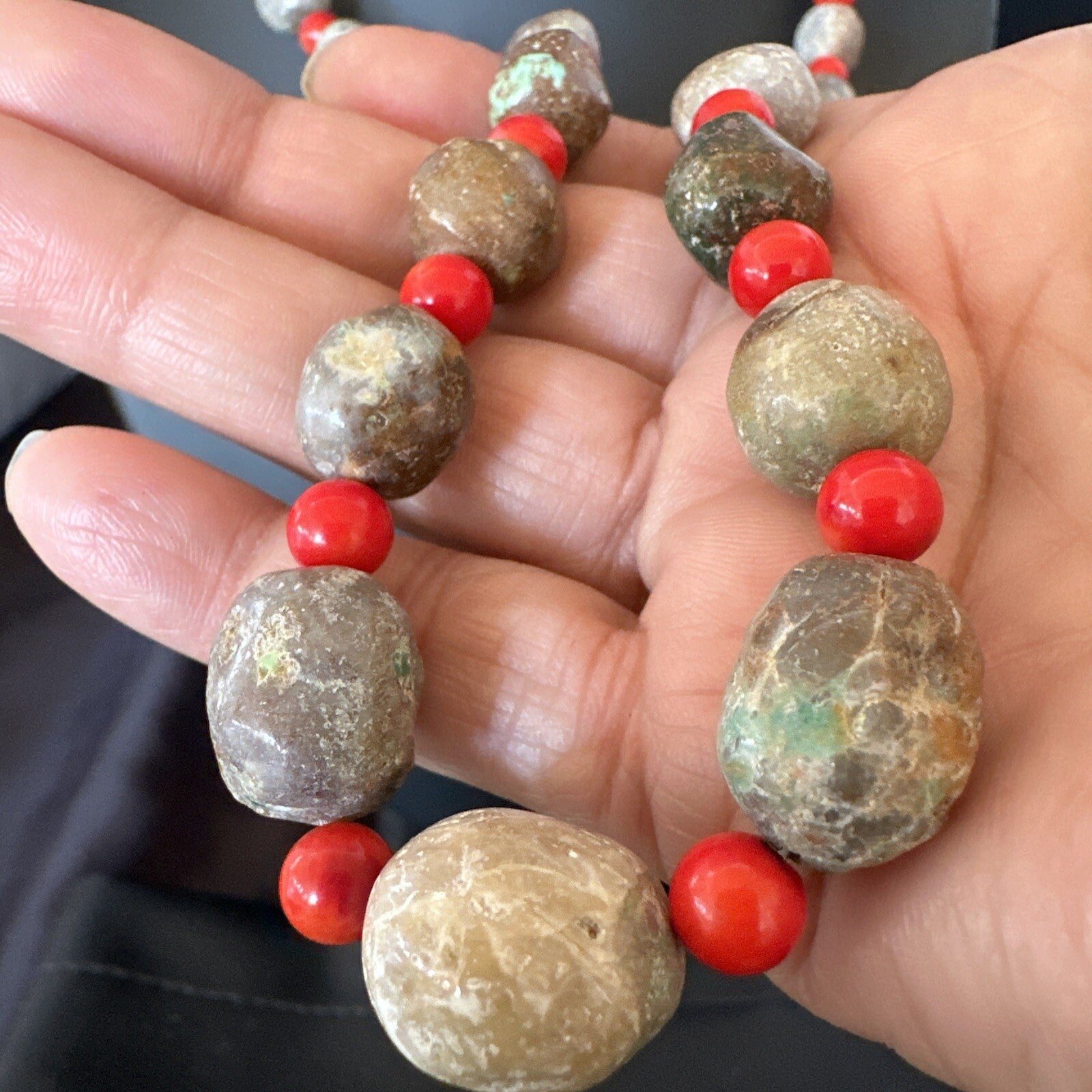 Rustic Turquoise Red Coral Navajo Pearls Sterling Silver Necklace 24" 18320