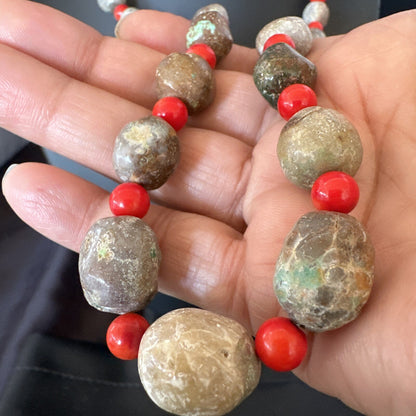 Rustic Turquoise Red Coral Navajo Pearls Sterling Silver Necklace 24" 18320