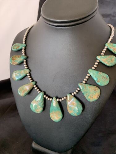 Navajo Pearls Royston Turquoise Teardrop Necklace Sterling Silver 12003