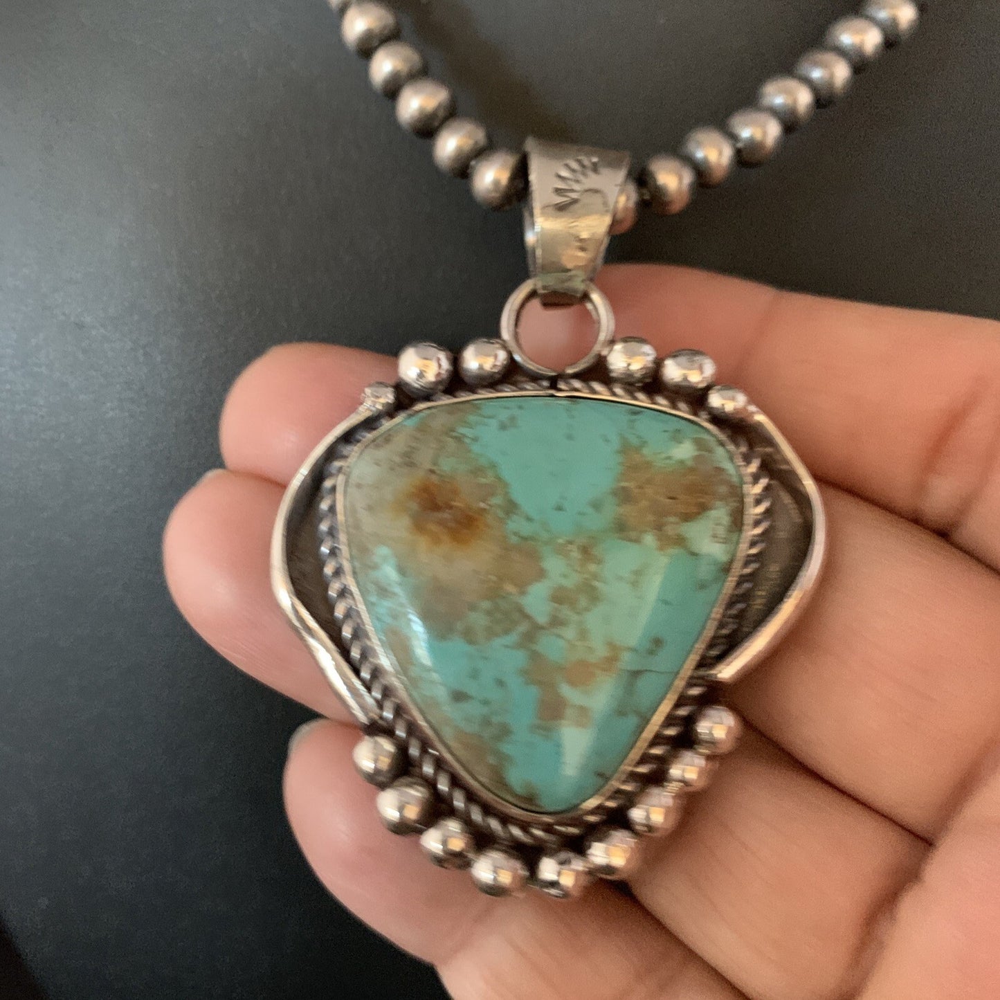 Mens Navajo Sterling Blue Turquoise#8 Necklace Pendant Nat American 13664N