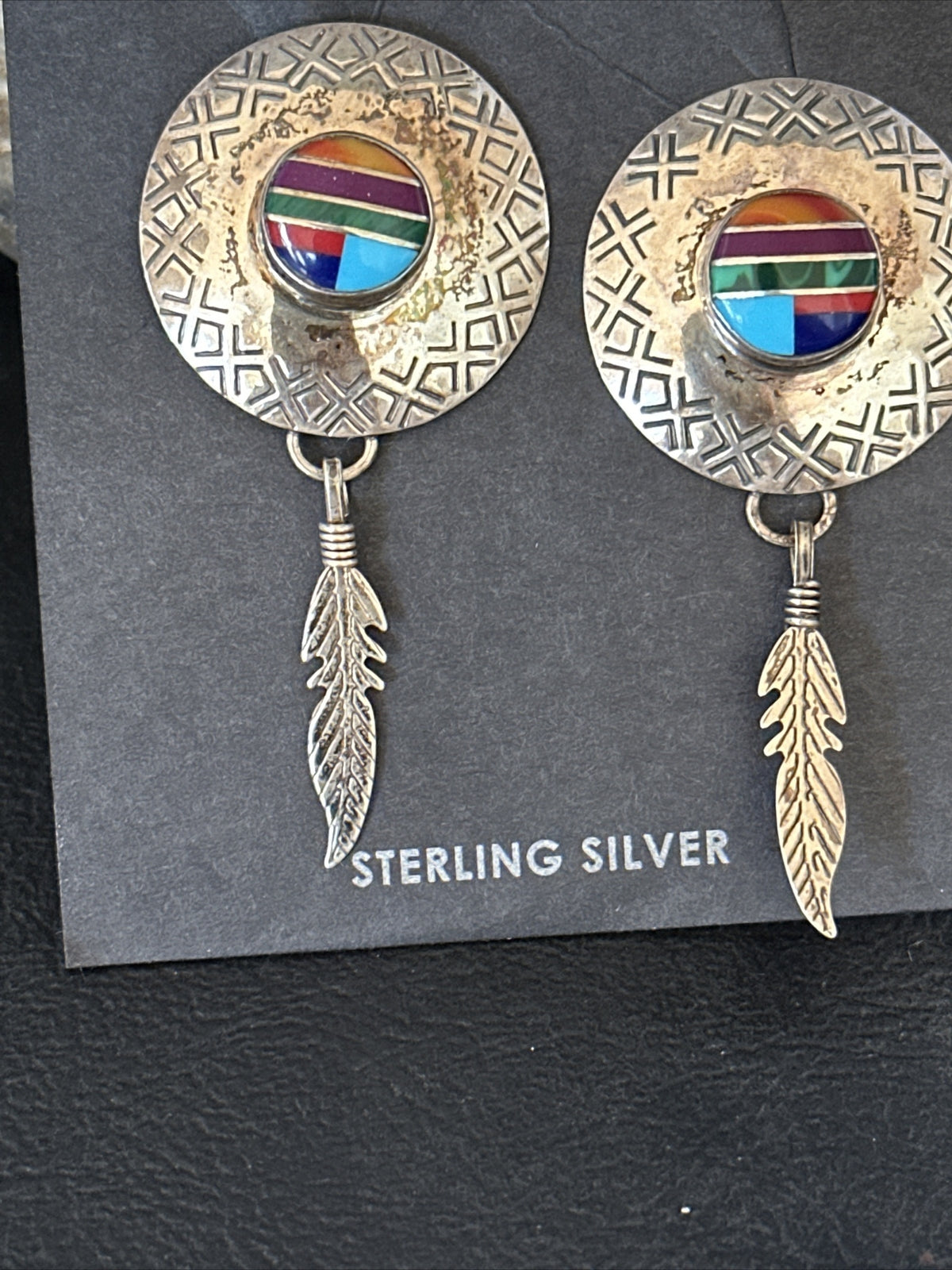 Blue Turquoise & Spiny Oyster Navajo Sterling Silver Inlay Earrings 2” 14762