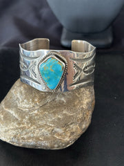 H Joe Blue Kingman Turquoise Navajo Cuff Bracelet 8.2" | Sterling Silver | Authentic Native American Handmade | 19422