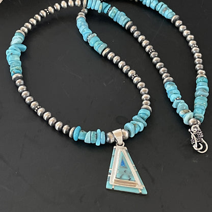 Turquoise & Opal Inlay Pendant Navajo Pearls Sterling Silver Necklace 11330