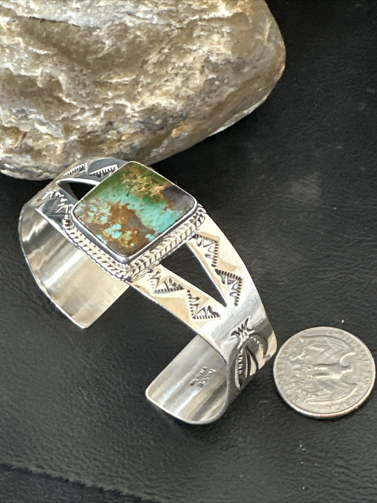 Green Royston Turquoise Navajo Sterling Silver Cuff Bracelet 17856