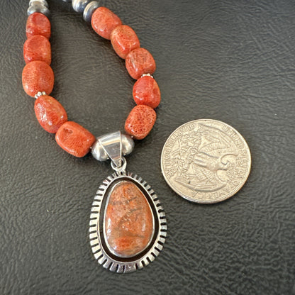 Navajo Pearls Apple Sponge Coral Sterling Silver Necklace Pendant 21” 18683