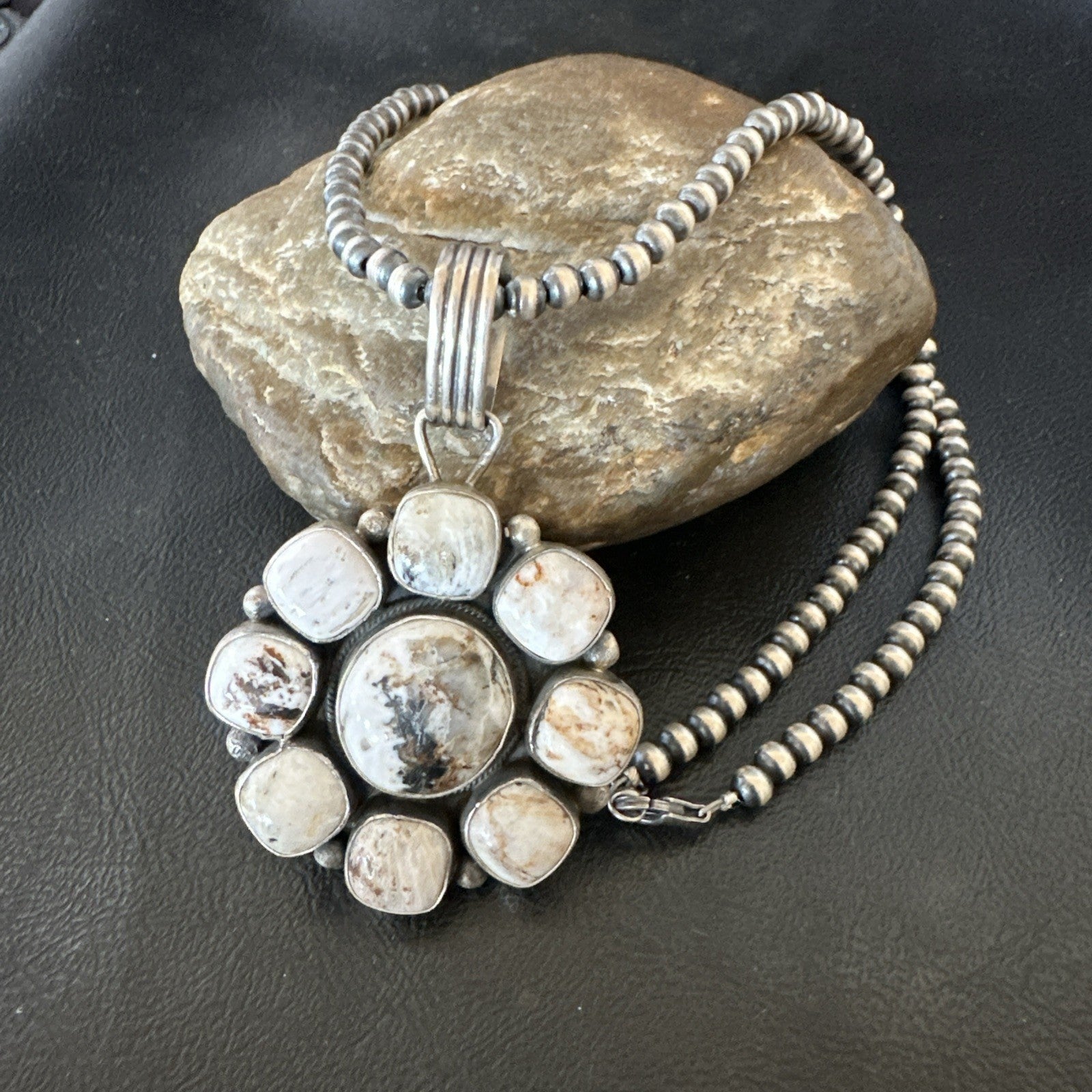 White Buffalo Turquoise Cluster Pendant Navajo Sterling Silver Necklace 19271