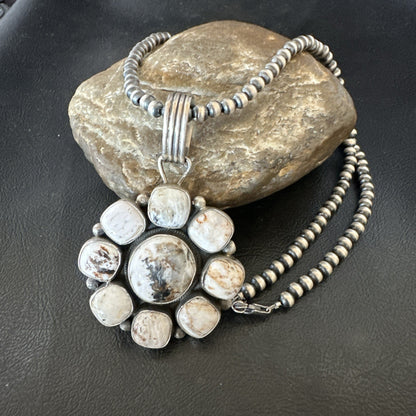 White Buffalo Turquoise Cluster Pendant Navajo Sterling Silver Necklace 19271