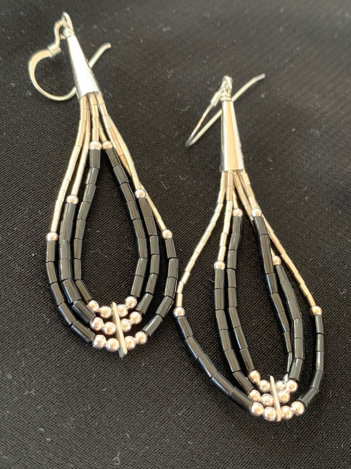 Handmade Native  Sterling Silver Heishi Black Onyx Dangle Earrings 2" 10054