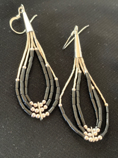 Handmade Native  Sterling Silver Heishi Black Onyx Dangle Earrings 2" 10054