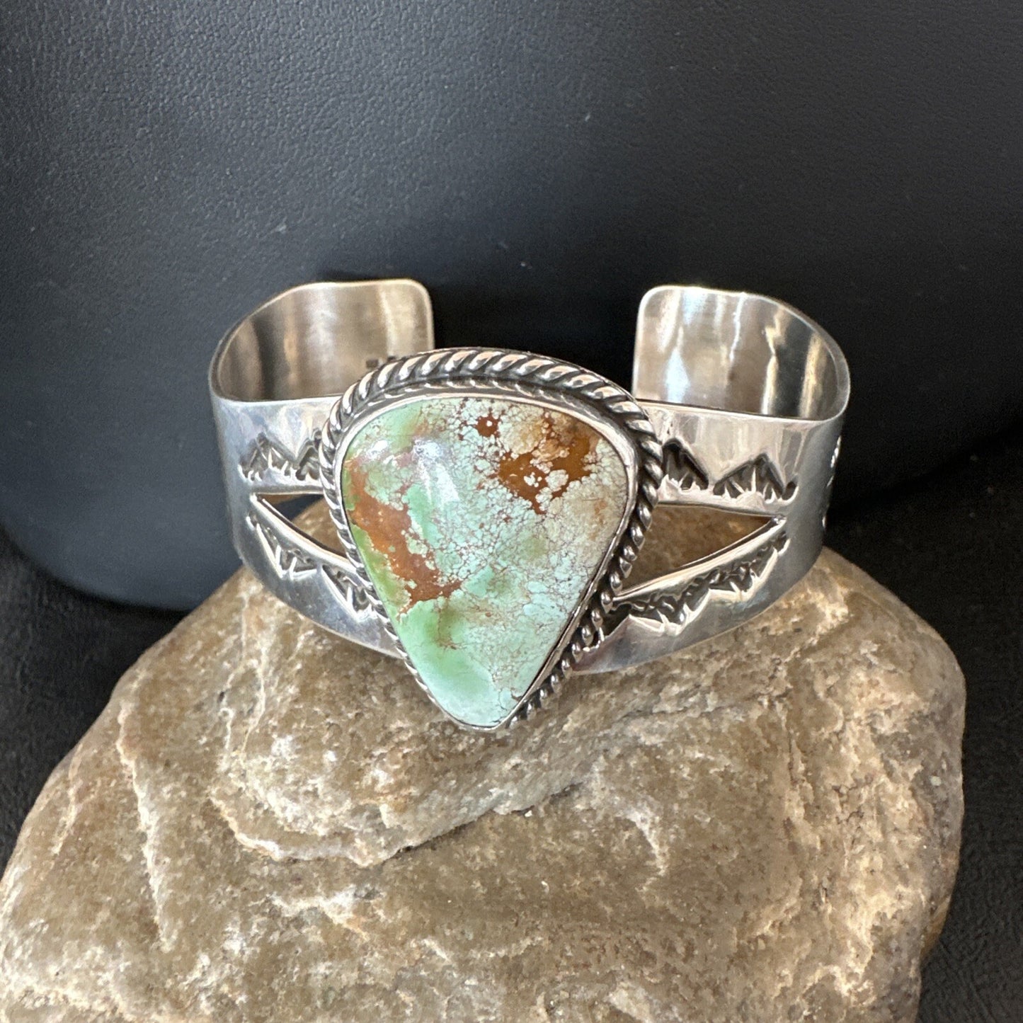 Navajo Green Royston TURQUOISE Stamped Sterling Silver Cuff Bracelet 18874